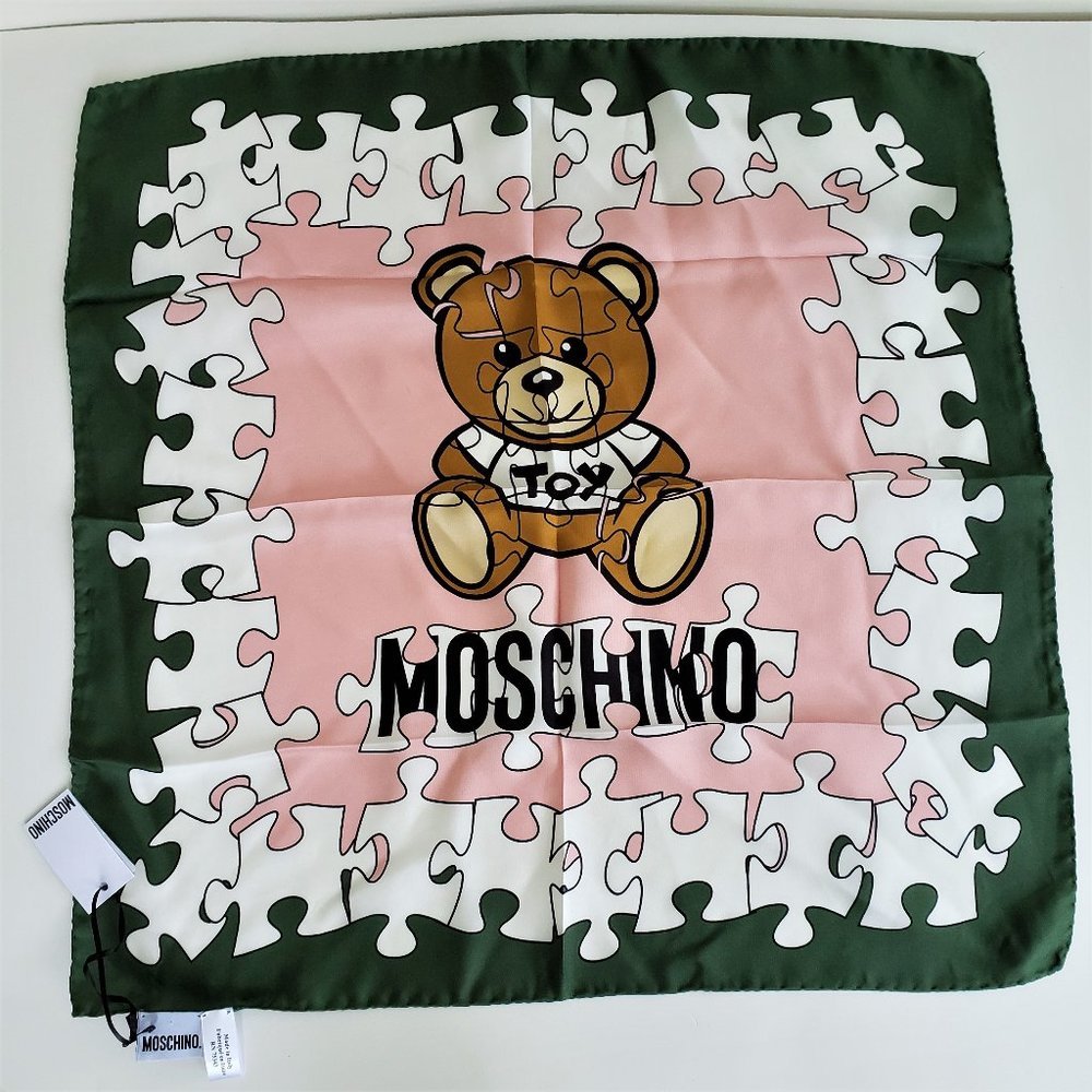 NWT Moschino 100% Silk Scarf Teddy Bear Toy Puzzle Piece